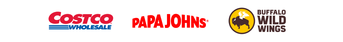 Logos of Costco, Papa Johns and Buffalo Wild Wings