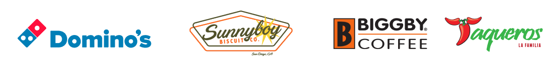 Logos of Domino's, Sunnyboy Biscuit Co., Biggby Coffee and Taqueros