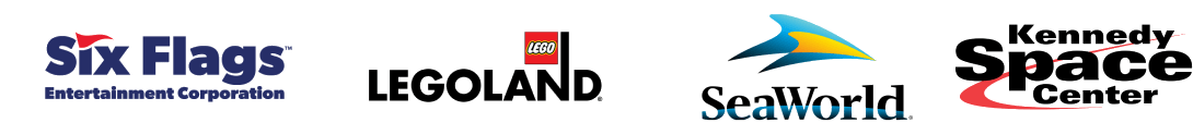 Logos of Six Flags, Legoland, SeaWorld and Kennedy Space Center