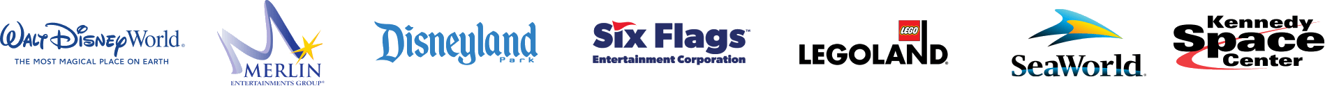 Logos of Walt Disney World, Merlin Entertainments Group, Disneyland Park, Six Flags, Legoland, SeaWorld and Kennedy Space Center displayed in a horizontal row