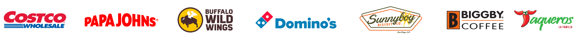 Logos of Costco, Papa Johns, Buffalo Wild Wings, Domino's, Sunnyboy Biscuit Co., Biggby Coffee and Taqueros displayed in a horizontal row