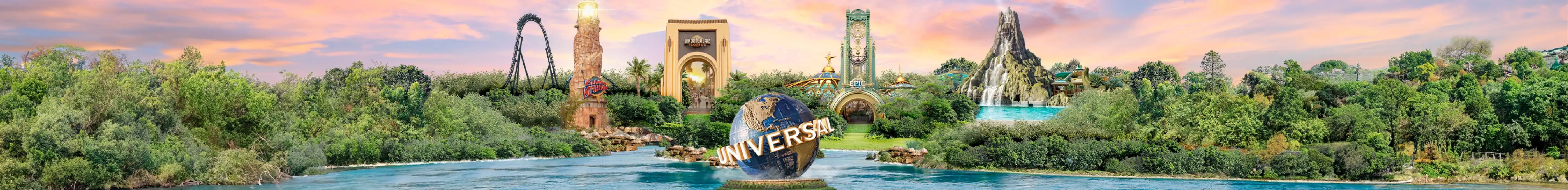 Panoramic view of Universal Orlando Resort at sunset, showcasing iconic landmarks from Universal Studios Florida, Islands of Adventure, Volcano Bay, and the upcoming Epic Universe.