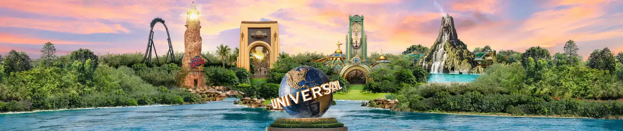 Scenic panorama of Universal Orlando Resort at sunset, featuring the Universal globe, Universal Studios Florida, Islands of Adventure, Volcano Bay, and the upcoming Epic Universe.