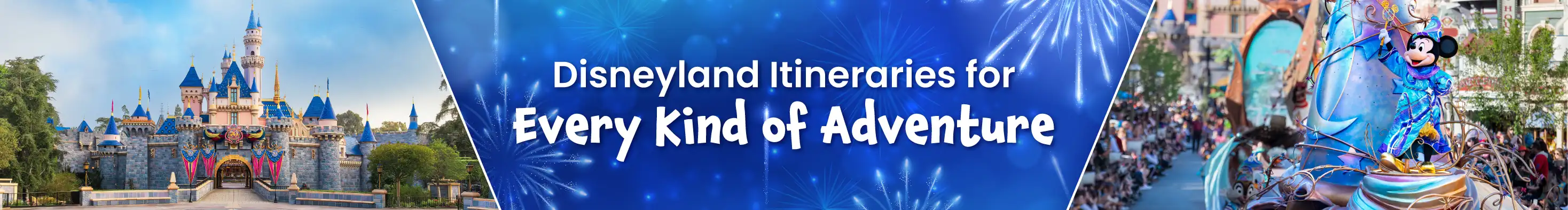 A colorful image of Disneyland with a castle on the left and a parade with a Mickey Mouse float on the right. Celebratory fireworks fill the background.