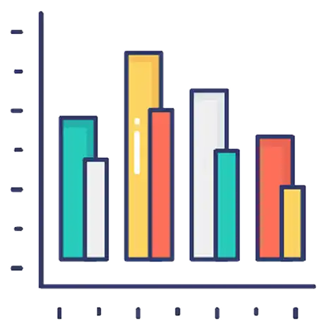 A colorful bar chart with five vertical bars of varying heights in turquoise, yellow, gray, teal, and orange, representing different data categories.