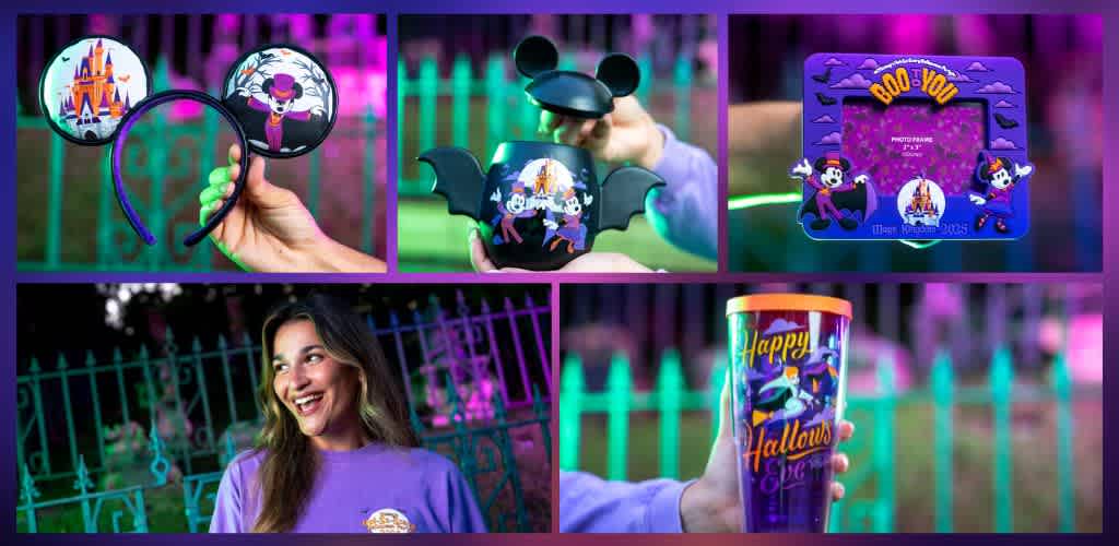 Six images featuring Disney Halloween decorations and merchandise at Funex.com including themed headbands, a photo frame, a person in front of a spooky fence, themed cup, and cheerful expressions.