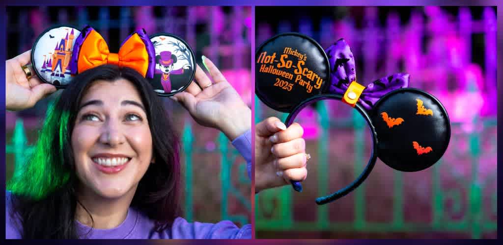A woman smiling and holding Halloween-themed Minnie Mouse ears with colorful designs and decorations.