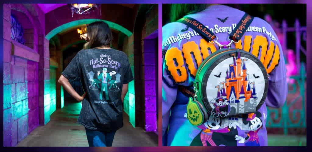 Person wearing a Halloween themed shirt with a haunted castle, walking through a colorful themed corridor with purple, green, and blue lighting.