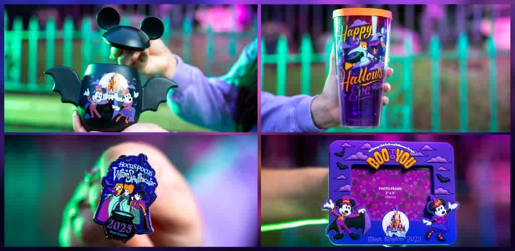 Four colorful Halloween-themed products including a mug with bat wings and Mickey Mouse ears, a purple tumbler with Halloween graphics, a spooky button badge, and a photo frame with Halloween characters.