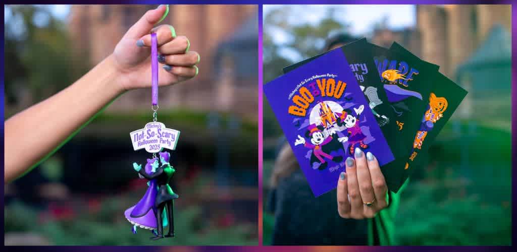 A hand holds a Halloween themed ornament with a purple strap on the left, and a hand displays multiple Halloween party flyers with colorful cartoon characters on the right.