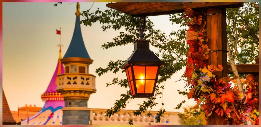 A glowing lantern hanging from a wooden structure decorated with fall leaves, in front of a colorful castle turret at sunset