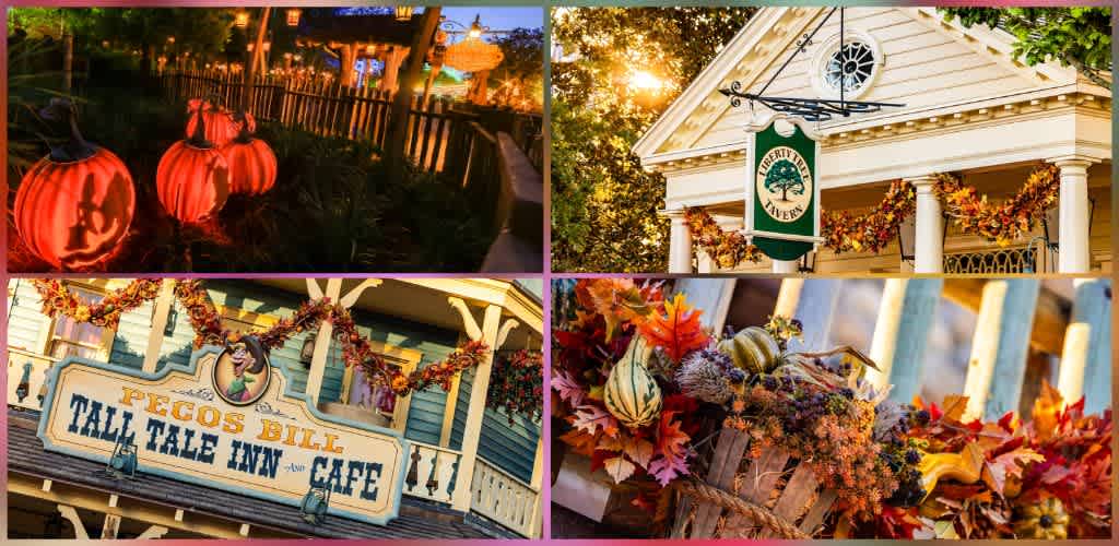 Four images showcase a pumpkin lantern display, a white building with autumn decorations, a themed inn sign, and a basket of fall foliage with gourds and leaves.