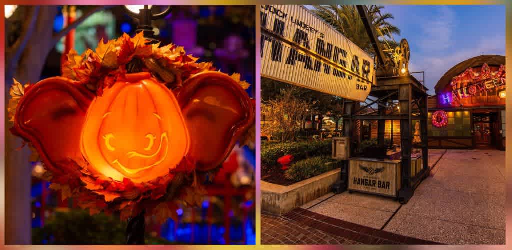 Left side shows a lit Halloween pumpkin with a smiley face and ears surrounded by autumn leaves. Right side features an outdoor bar entrance with signage and colorful festive lights.