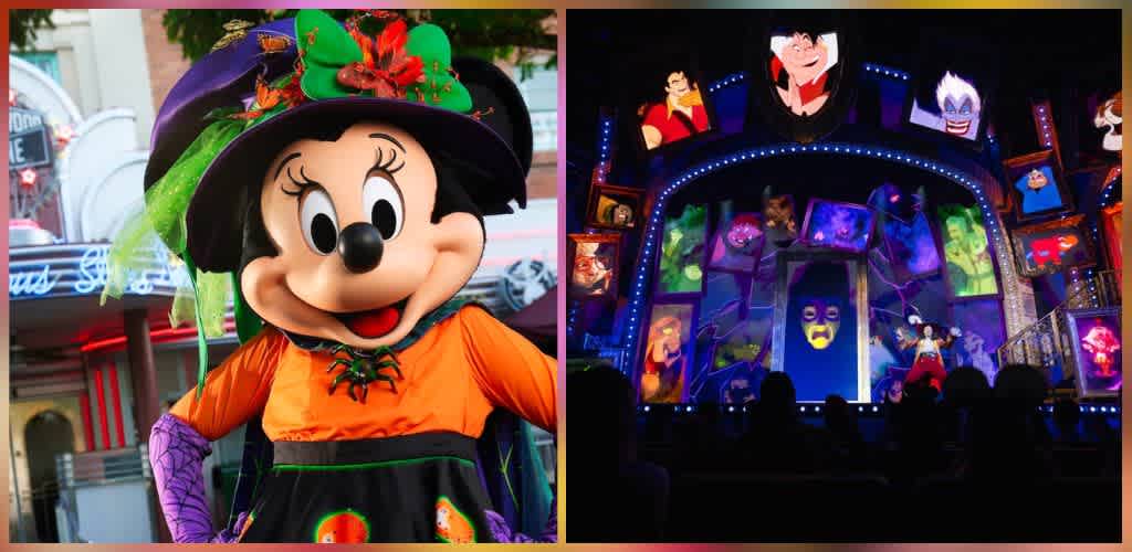 A person dressed as Minnie Mouse in a Halloween costume with a witch hat and orange dress, and a colorful stage with animated characters and bright lights in a dark setting.