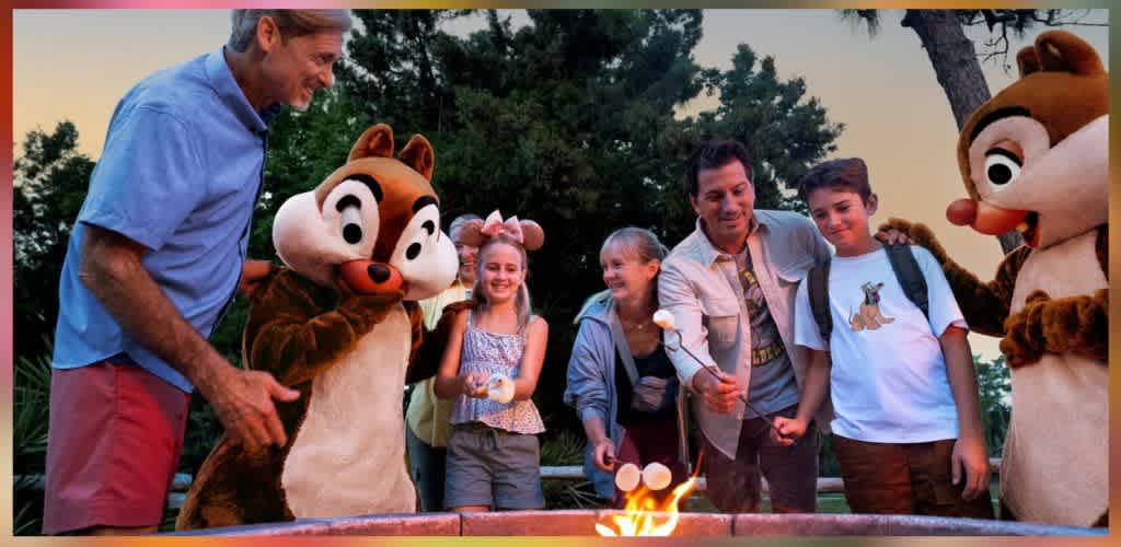 Family and kids with Disney characters celebrating outdoors around a campfire at sunset