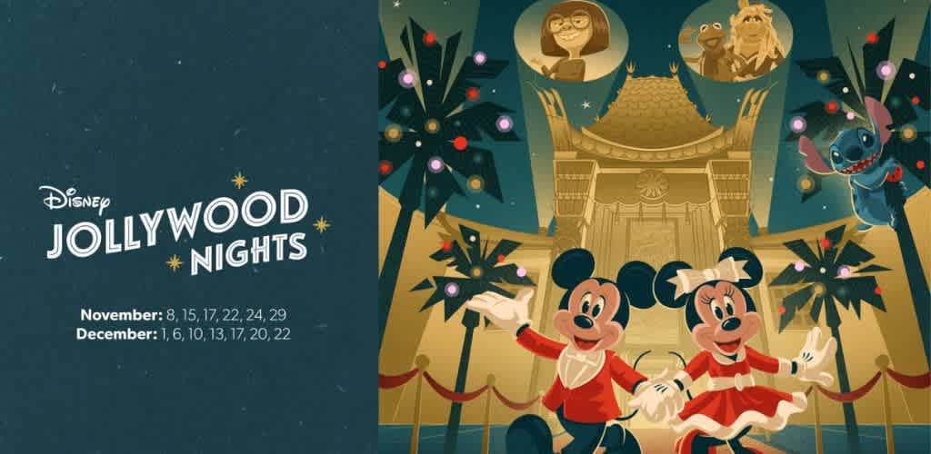Illustration of Mickey and Minnie Mouse dancing in front of a decorated Japanese-style temple under a starry night sky with Disney characters Disney Jollywood Nights in the background.