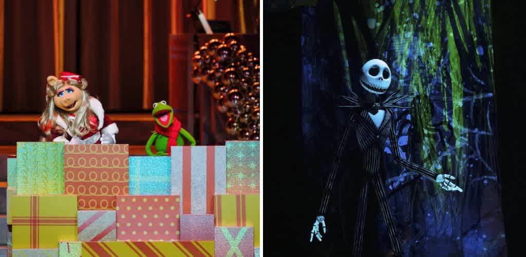 On the left, puppets of a girl and Kermit the Frog sit behind colorful wrapped presents. On the right, a spooky skeleton figure with a striped suit and glowing eyes stands in a dark, forest-like setting.
