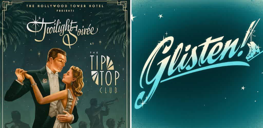 Vintage style movie poster for a Twilight soirée at the Tip Top Club featuring a dancing couple and a jazzy Glisten logo with stars and a cocktail glass.
