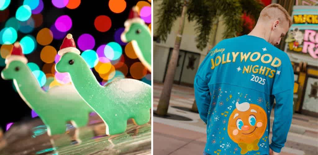 Colorful holiday-themed dinosaur cookies with a blurred festive background and a person wearing a Disney Jollywood Nights 2025 event jacket featuring a smiling cartoon character.