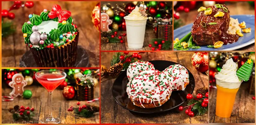 A variety of festive holiday treats including a decorated cupcake, a milkshake, a beef dish, a crystal glass with red drink, a decorated cookie, and a whipped cream topped beverage on a holiday-themed background