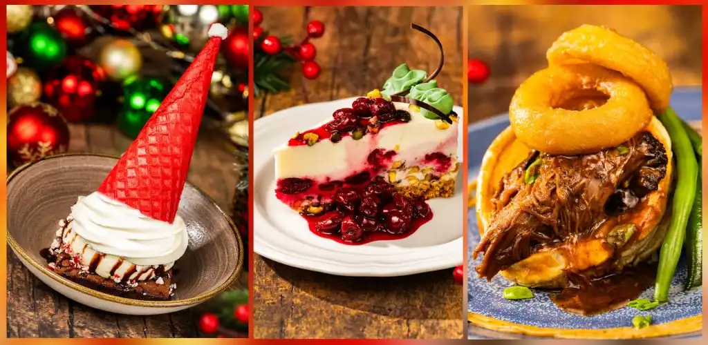 Three dessert and food dishes on plates with colorful backgrounds for holiday celebration.