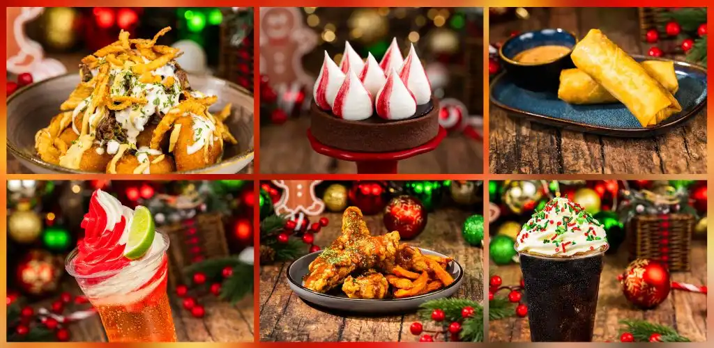A collage of six festive foods and treats including nachos, a chocolate cake with meringue, spring rolls, a lime and cherry slushie, fried chicken with fries, and a peppermint hot chocolate, all decorated with Christmas ornaments.