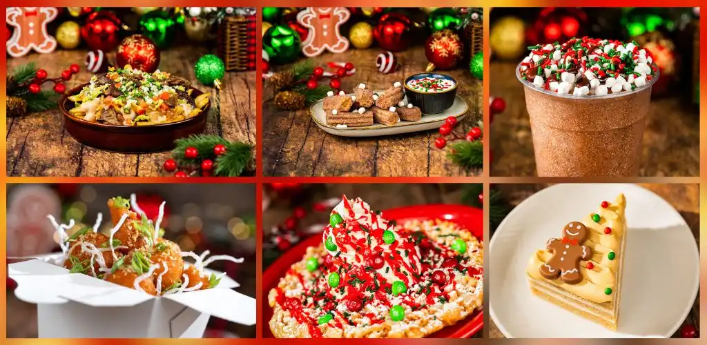 Assorted Christmas treats including a salad, cookies, hot cocoa, appetizers, a pepperoni pizza, and a decorated cake slice on a festive background and table.