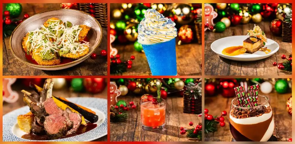 Six festive food and drink items including a salad, blue frosted drink with whipped cream, dessert with caramel and nuts, lamb chops, pink cocktail with cherries, and chocolate mousse with candies.