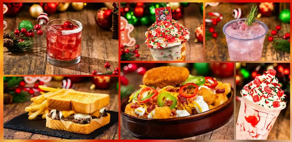 A collage of six images showing holiday-themed drinks and food including cocktails, ice cream, a sandwich, and a bowl of loaded nachos.