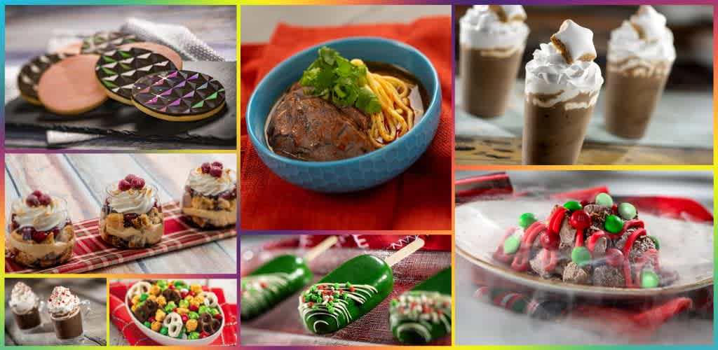 A collage of colorful desserts and food, including cookies, a noodle soup, ice cream, brownies, a fruit tart, cake pops, and holiday-themed sweets.
