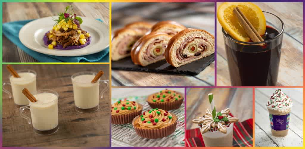 A collage of food and drinks including a savory dish, rolled sandwiches, cola with lemon and cinnamon, milkshakes, cupcakes with sprinkles, and a decorated holiday beverage.