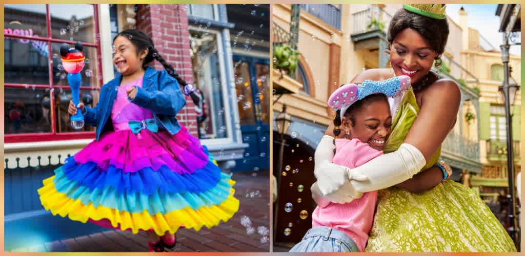 Two children and an adult are enjoying a joyful moment outdoors, smiling and hugging in a colorful, lively environment.