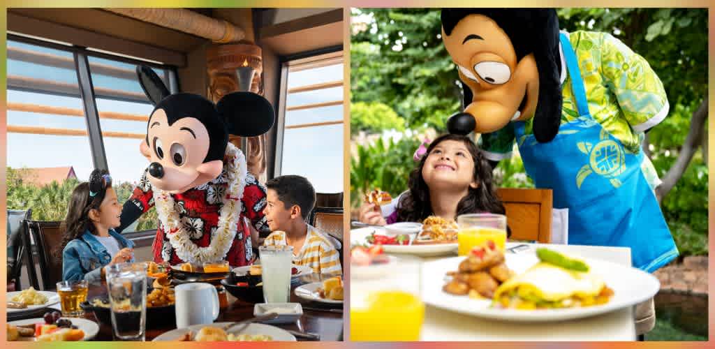 Children enjoying meals with Mickey Mouse and Goofy characters in indoor and outdoor settings at a themed restaurant