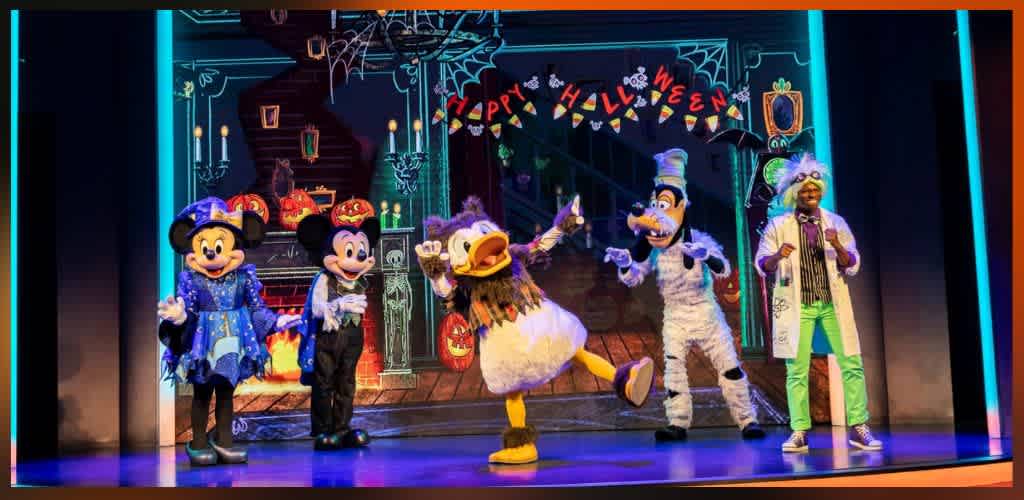 Costumed Disney characters performing on a Halloween decorated stage with banners, candles, and cobwebs.