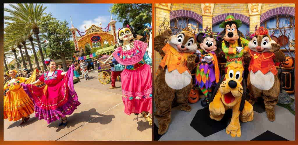 Colorful characters dancing outdoors with a parade and festive costumes at a Disney theme park during daytime