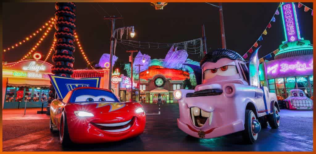 Colorful amusement park with animated cars featuring faces, neon lights, banners, and vibrant attractions at night
