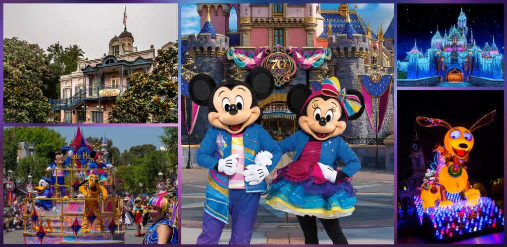 Castle and amusement park characters with colorful decorations and nighttime lights at a Disney theme park.