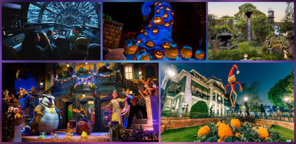 Family enjoying theme park attractions with festive Halloween decorations and colorful characters during the evening.