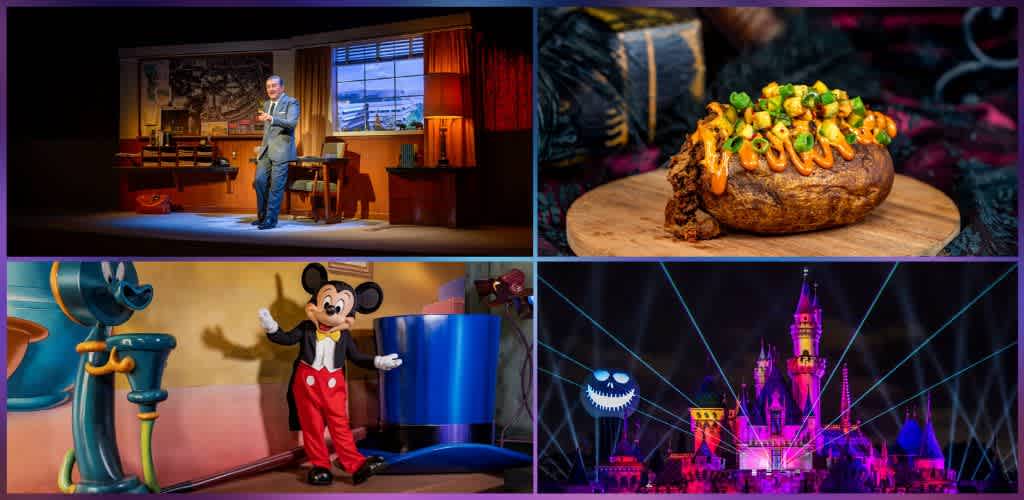 A collage of four images featuring a talk show, loaded baked potato, Mickey Mouse, and a nighttime castle laser show.