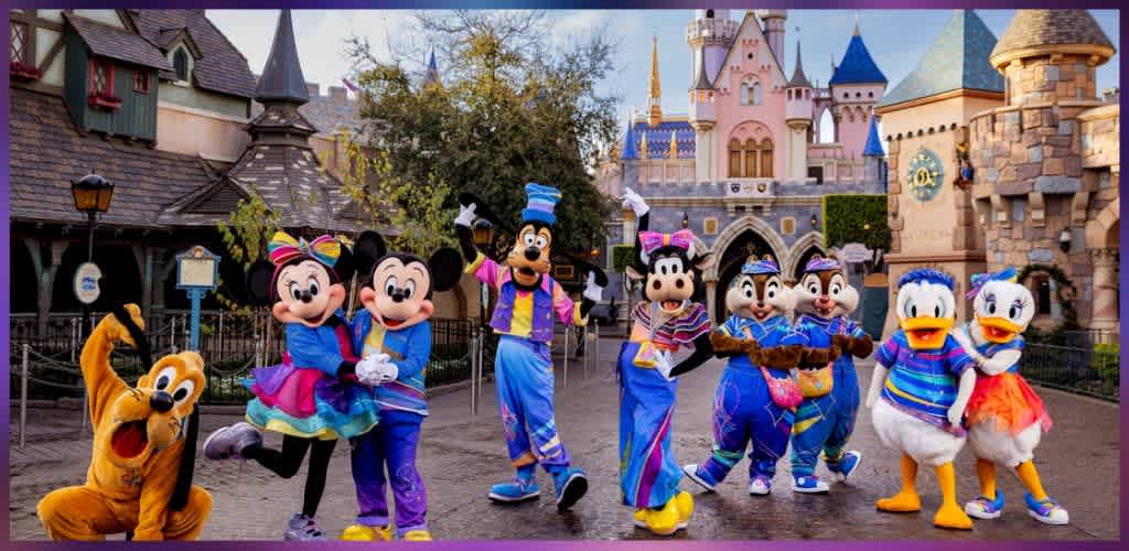 Group of people dressed as Disney characters including Mickey Mouse Minnie Mouse Donald Duck Daisy Duck and Goofy standing in front of a castle at a theme park