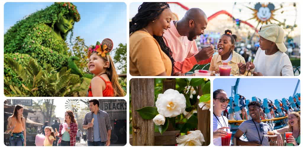 Group of people enjoying a day at an amusement park with rides, outdoor dining, flowers, and outdoor activities in bright, cheerful settings