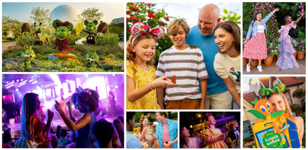 Children and families enjoying outdoor attractions, dancing, and celebrating at colorful events and gardens.