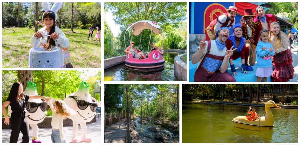 Children enjoying outdoor rides, characters in costumes, a family on a boat, and a peaceful river scene in a park setting