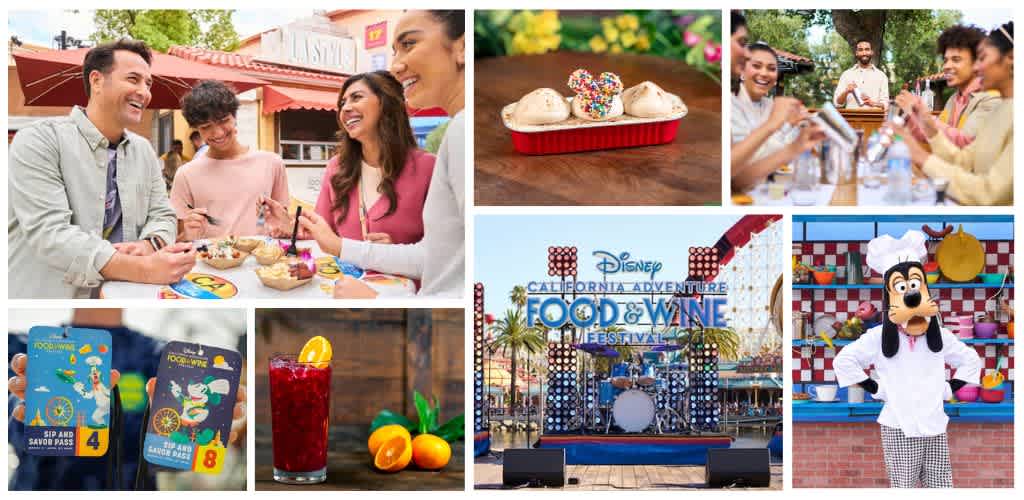 People smiling and enjoying a food festival with desserts, drinks, a stage, and a Disney character mascot