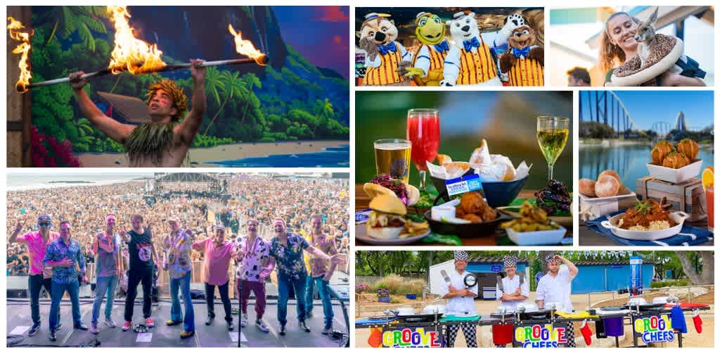 A collage of outdoor activities including a fire dancer, festival crowd, mascot characters, happy pet owner with cat, waterfront dining, food spreads, outdoor cooking, and a food truck.