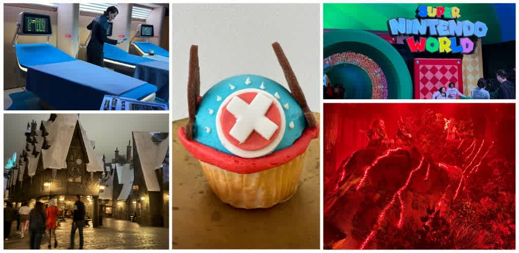 Collection of images including amusement park ride preparations, a colorful cupcakes with a cross symbol, a Super Nintendo World sign, a snowy themed attraction, and a fireworks display