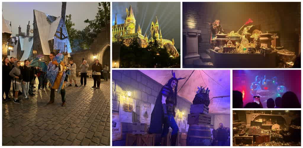 Collection of images showcasing Harry Potter themed attractions, including a street performance, castle, potion-making, wizard costumes, and themed entertainment experiences.