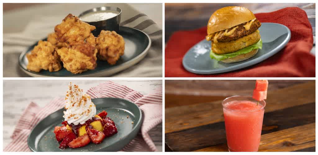 Four food and drink images featuring fried chicken, a burger, a fruit dessert, and a pink beverage on wooden and cloth backgrounds.