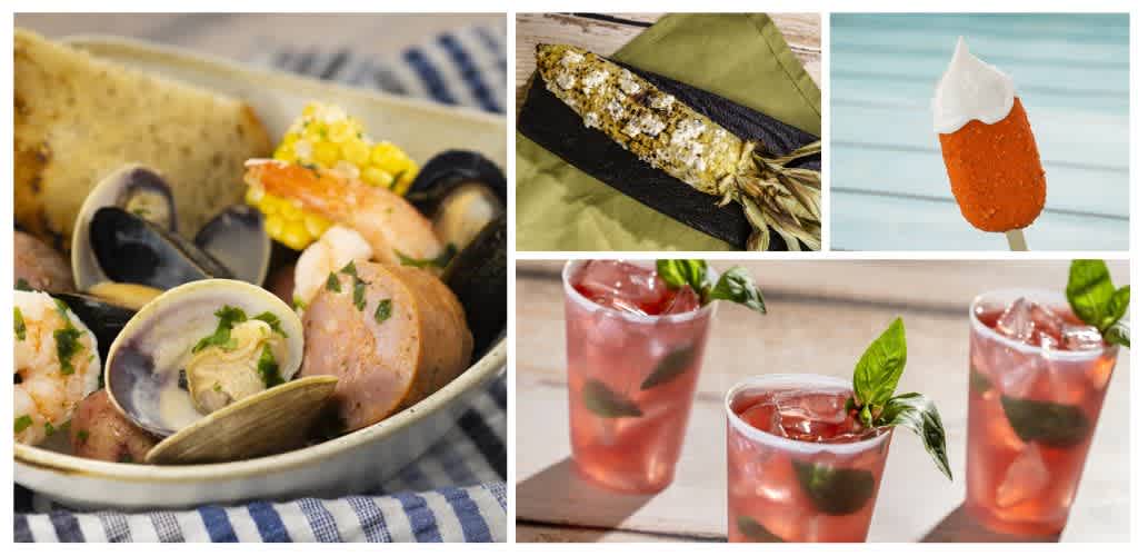 A seafood dish with clams, shrimp, sausage, and bread; a pineapple spear; a frozen orange popsicle; and three pink drinks with ice and basil leaves on a wooden table.