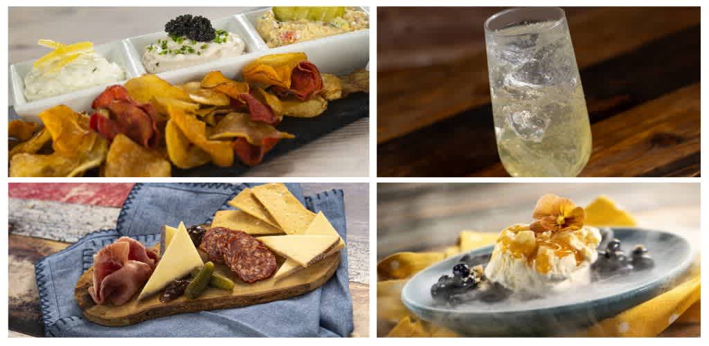 Four images showing savory appetizers, a glass of sparkling drink, a cheese and meat platter, and a dessert with berries and caramel sauce.